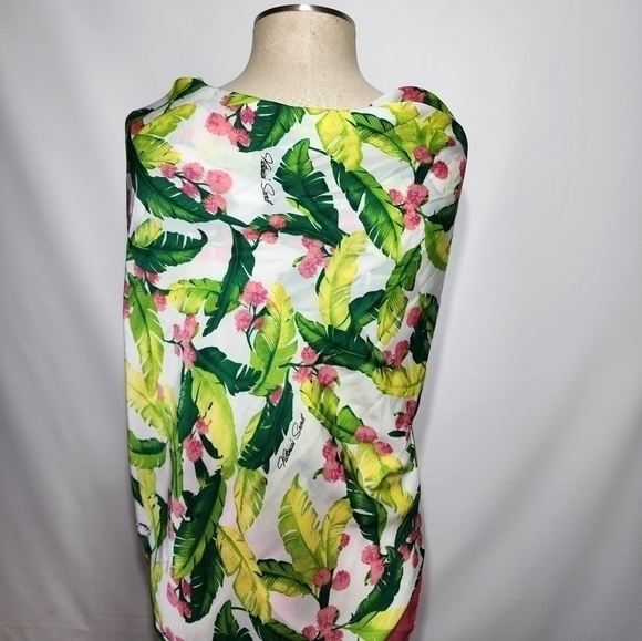 Victoria's Secret Green Pink Tropical Foliage Print Scarf Cover Up - Picture 6 of 14